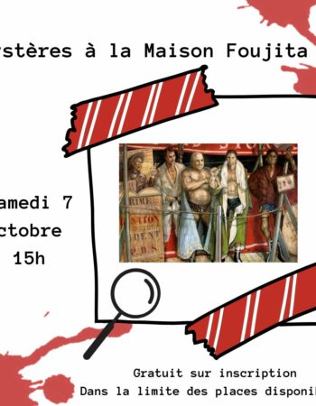 Annonce de la murder party mystères à la maison Foujita le 7 octobre 2023 à 15h avec le tableau de Foujita représentant des lutteurs